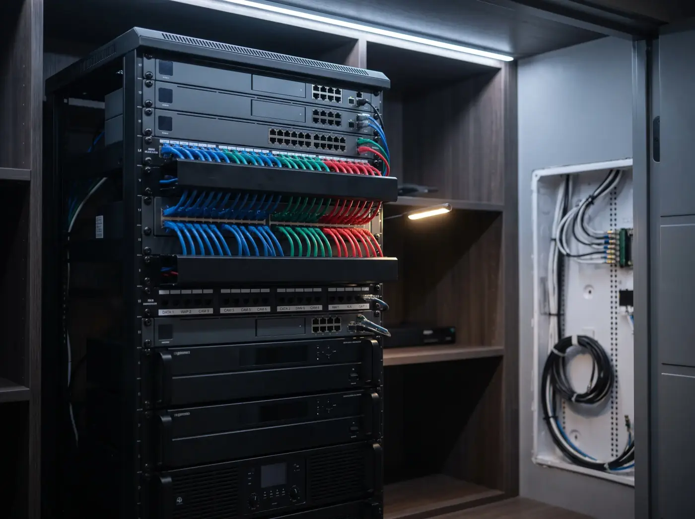 An equipment rack with combed, colour-coded network cabling terminated into a labelled patch panel, beside a structured wiring panel.