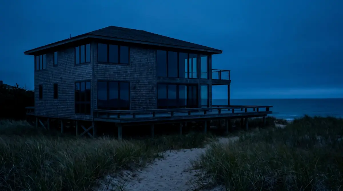 A coastal Delaware beach house on pilings at blue hour, its windows lighting up warm from inside as landscape lighting comes on along the dune path.